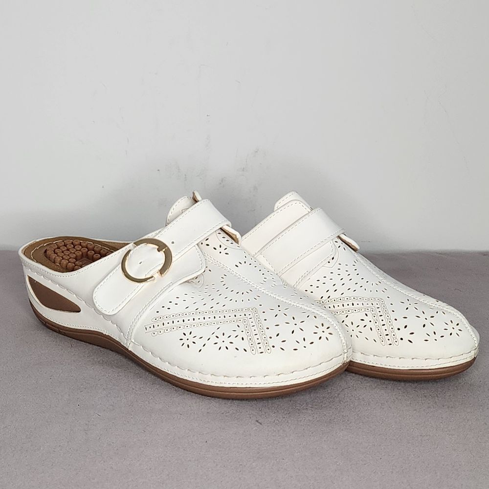 Alicegana White Leather Perforated Clogs Mules Gold Buckle Slip On Size 37